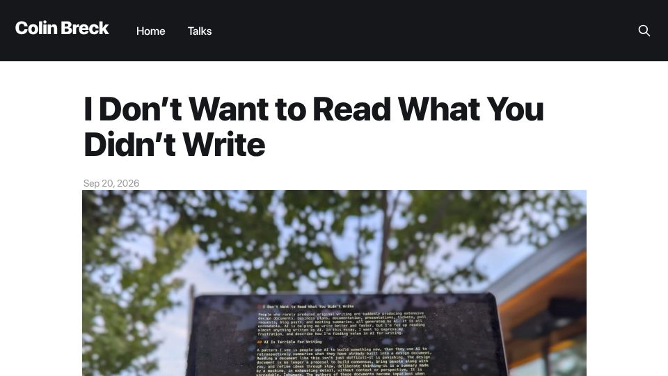 Screenshot of blog.colinbreck.com: I don't want to read what you didn't write