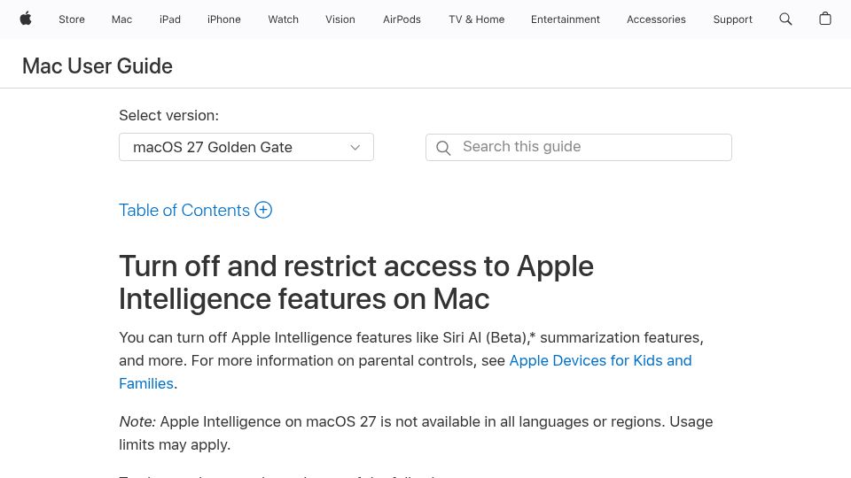 Screenshot of support.apple.com: Turn off and restrict access to Apple Intelligence features on Mac