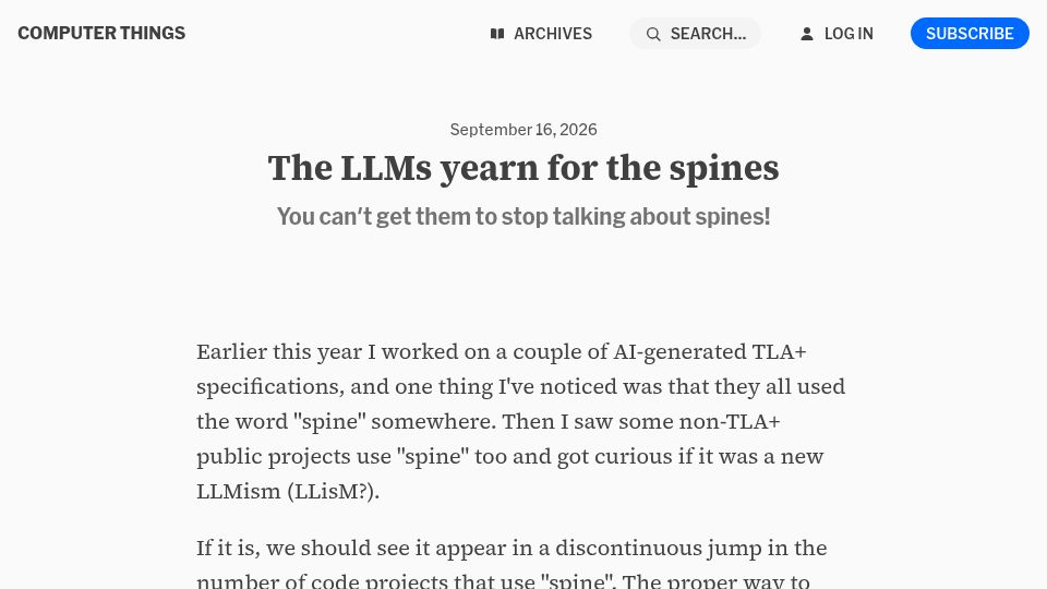 Screenshot of buttondown.com: The LLMs Yearn for the Spines