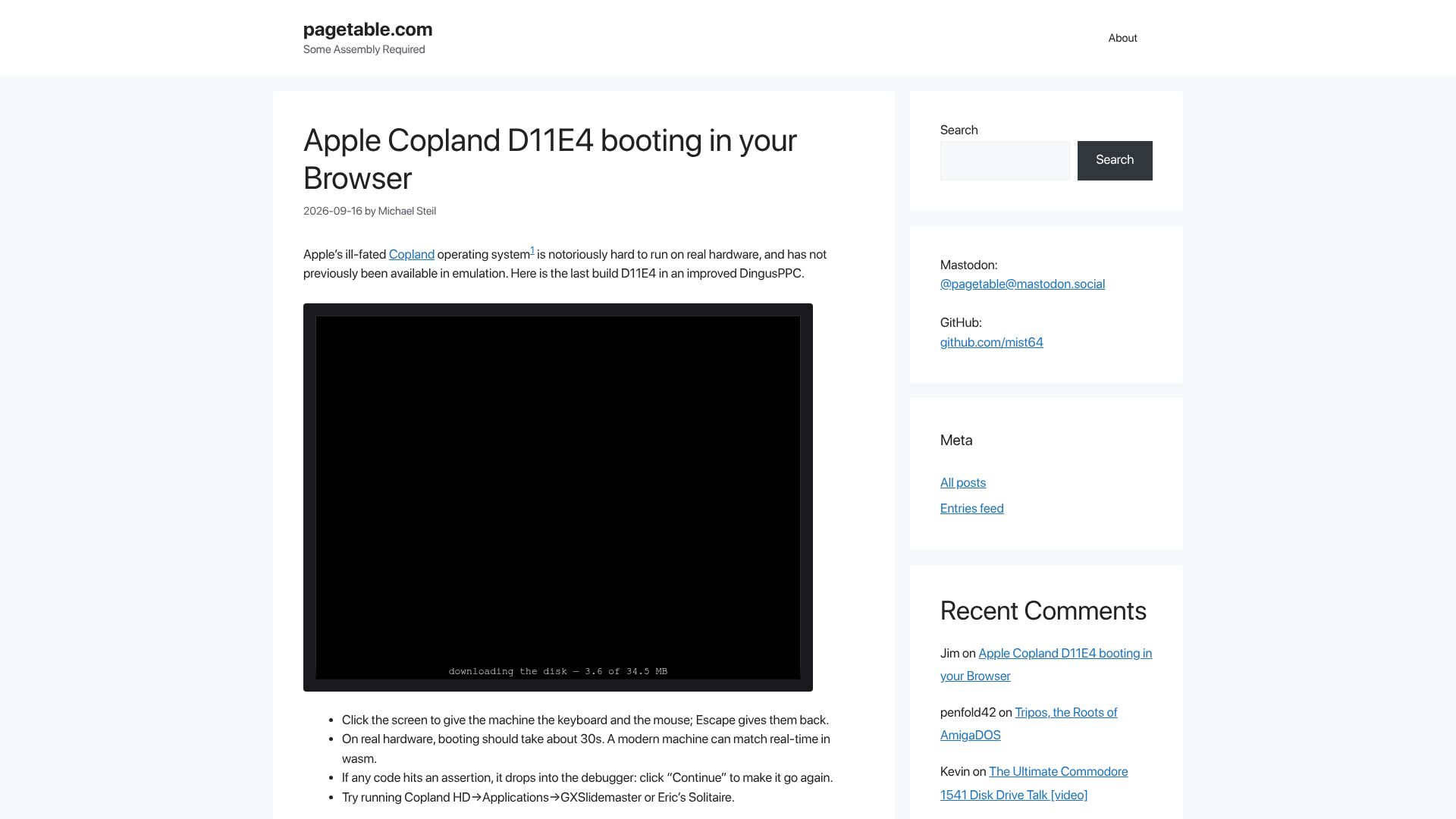 Screenshot of pagetable.com: Apple Copland D11E4 Booting in the Browser