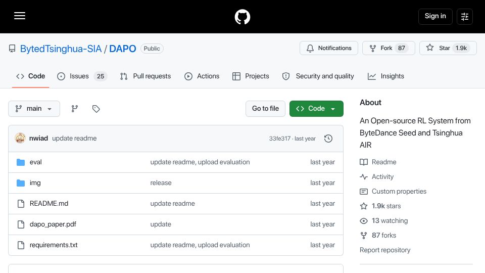 Screenshot of github.com: DAPO: An Open-source RL System from ByteDance Seed and Tsinghua AIR