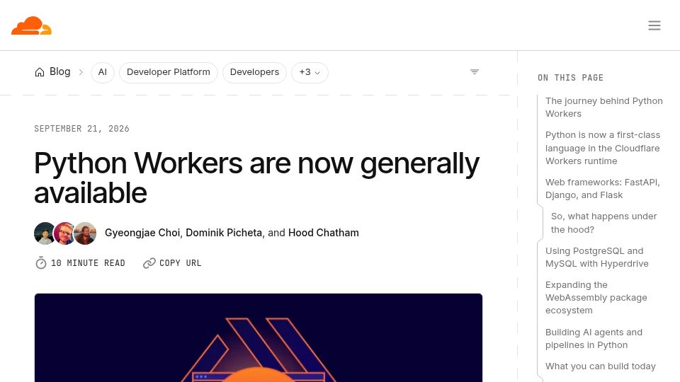 Screenshot of blog.cloudflare.com: Python Workers are now generally available