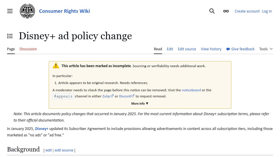 Screenshot of consumerrights.wiki: Disney+: New user agreement allows ads before movies in all subscriptions