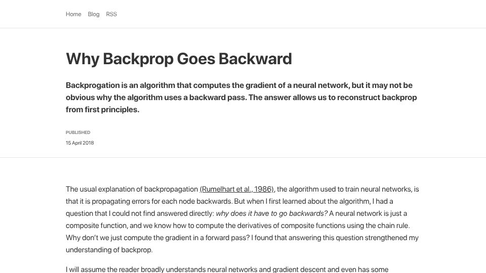 Screenshot of gregorygundersen.com: Why Backprop Goes Backward (2018)