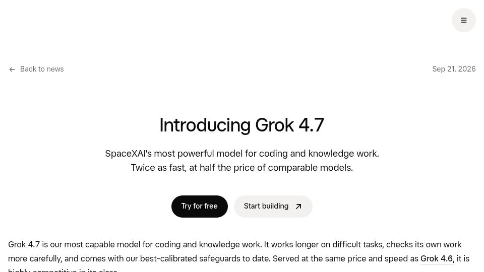 Screenshot of x.ai: Grok 4.7