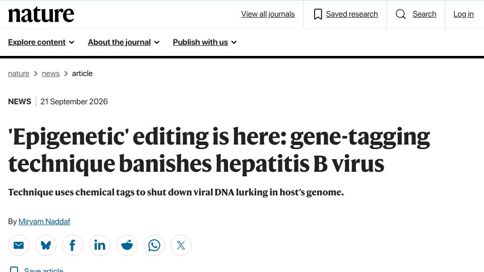 Screenshot of nature.com: 'Epigenetic' editing banishes hepatitis B virus