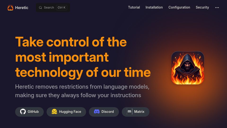 Screenshot of heretic-project.org: Heretic removes restrictions from language models
