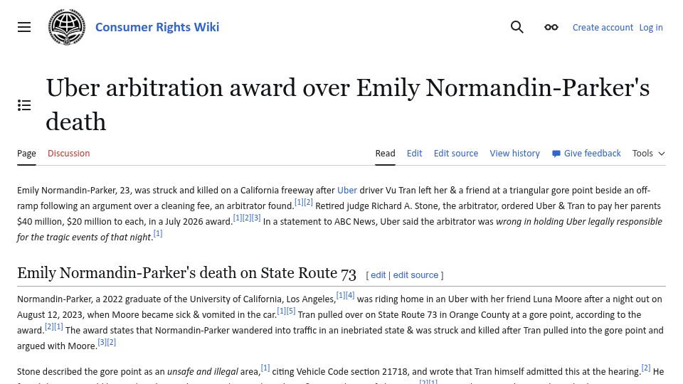 Screenshot of consumerrights.wiki: Uber arbitration award over Emily Normandin-Parker's death