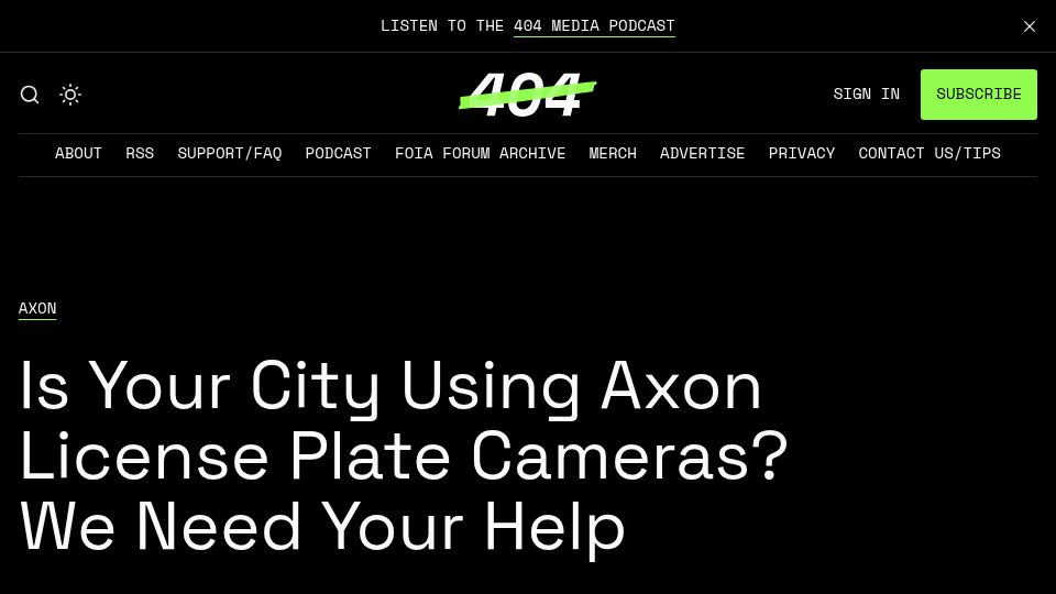 Screenshot of 404media.co: Help 404 Media Find Out How Your Local Police Are Surveiling You