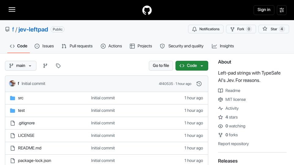Screenshot of github.com: Jev-Leftpad