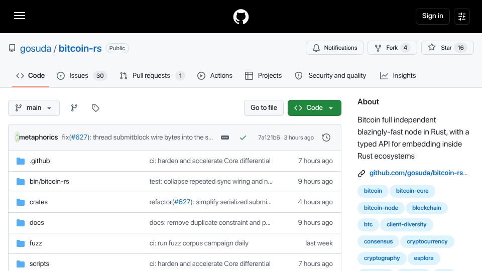 Screenshot of github.com: Show HN: Bitcoin-rs – An AI-assisted Bitcoin full node in Rust
