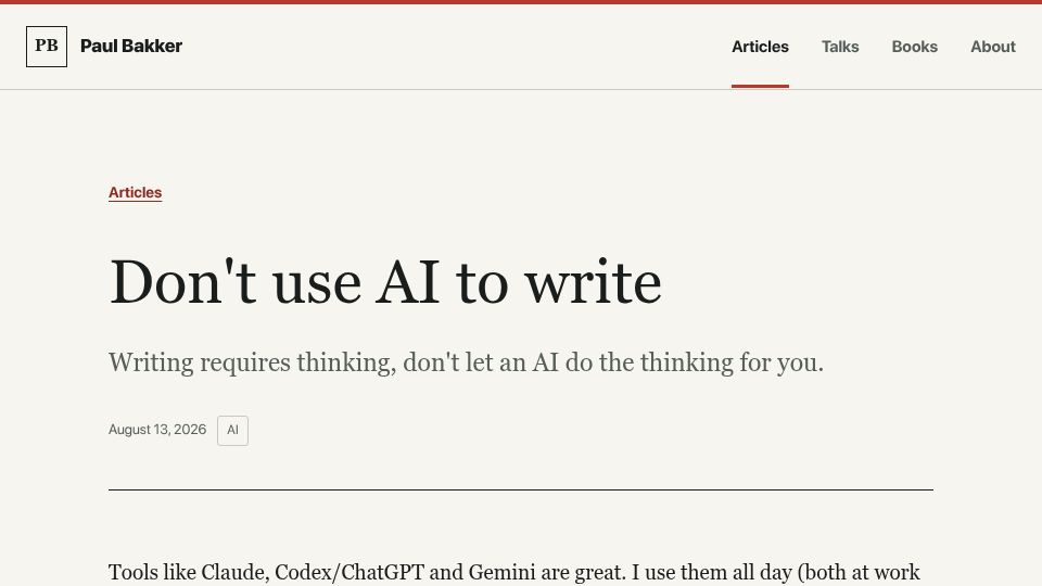 Screenshot of paulbakker.io: Don't Use AI to Write