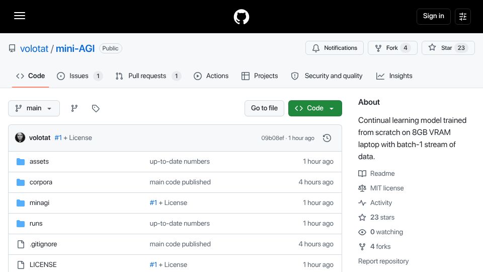 Screenshot of github.com: Show HN: Mini-AGI – Dynamic continual learning model trained on 8GB VRAM