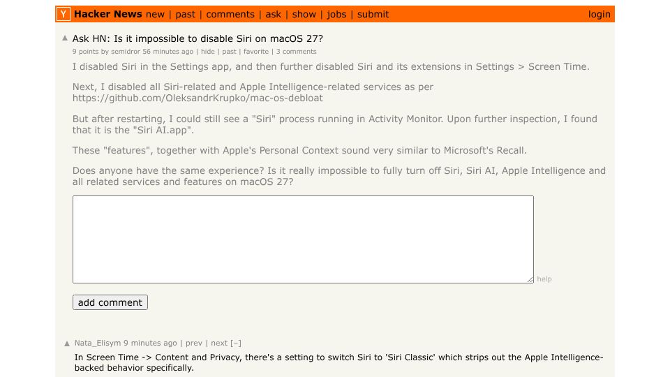 Screenshot of Hacker News post: Ask HN: Is it impossible to disable Siri on macOS 27?