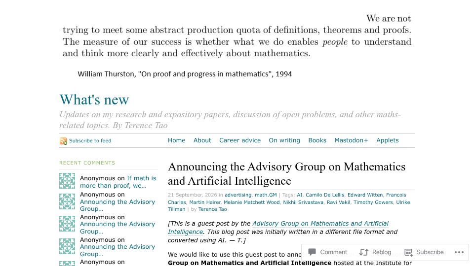 Screenshot of terrytao.wordpress.com: The Advisory Group on Mathematics and Artificial Intelligence