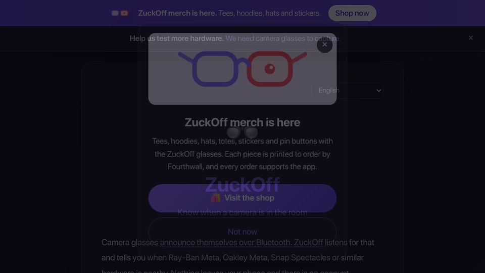 Screenshot of zuckoff.app: ZuckOff Know when a camera is in the room