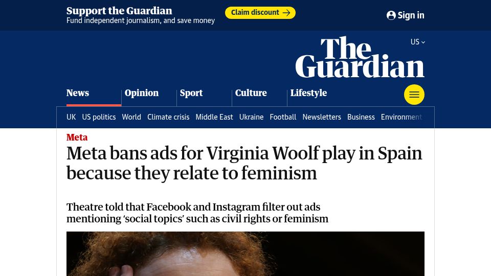 Screenshot of theguardian.com: Meta bans ads for Virginia Woolf play in Spain