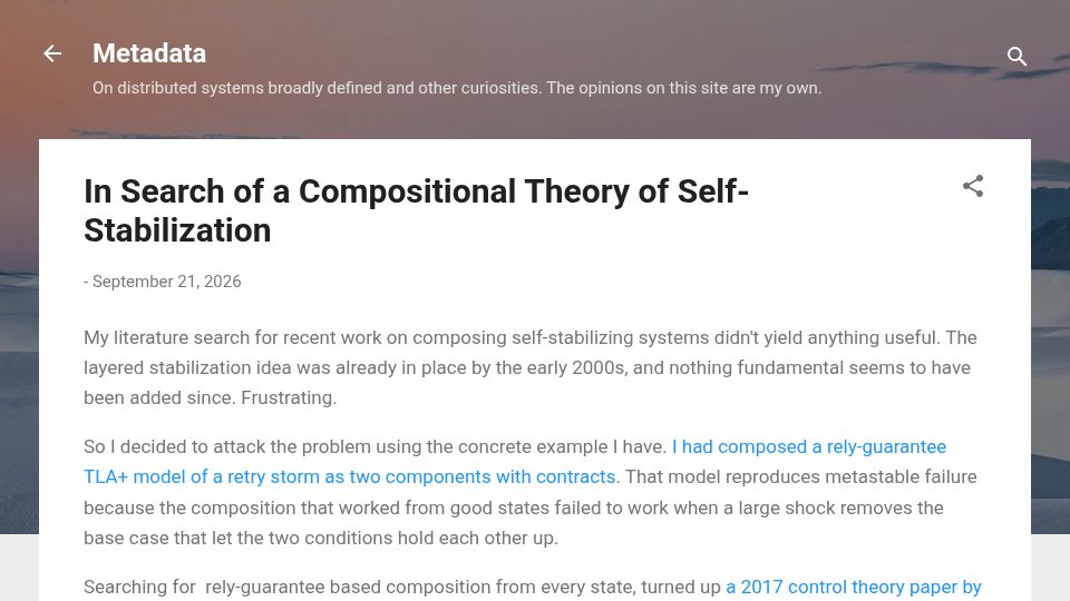 Screenshot of muratbuffalo.blogspot.com: In Search of a Compositional Theory of Self-Stabilization