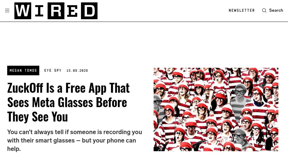 Screenshot of wired.me: ZuckOff is a free app that sees Meta glasses before they see you