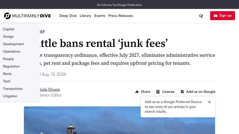 Screenshot of multifamilydive.com: Seattle Bans Rental Junk Fees