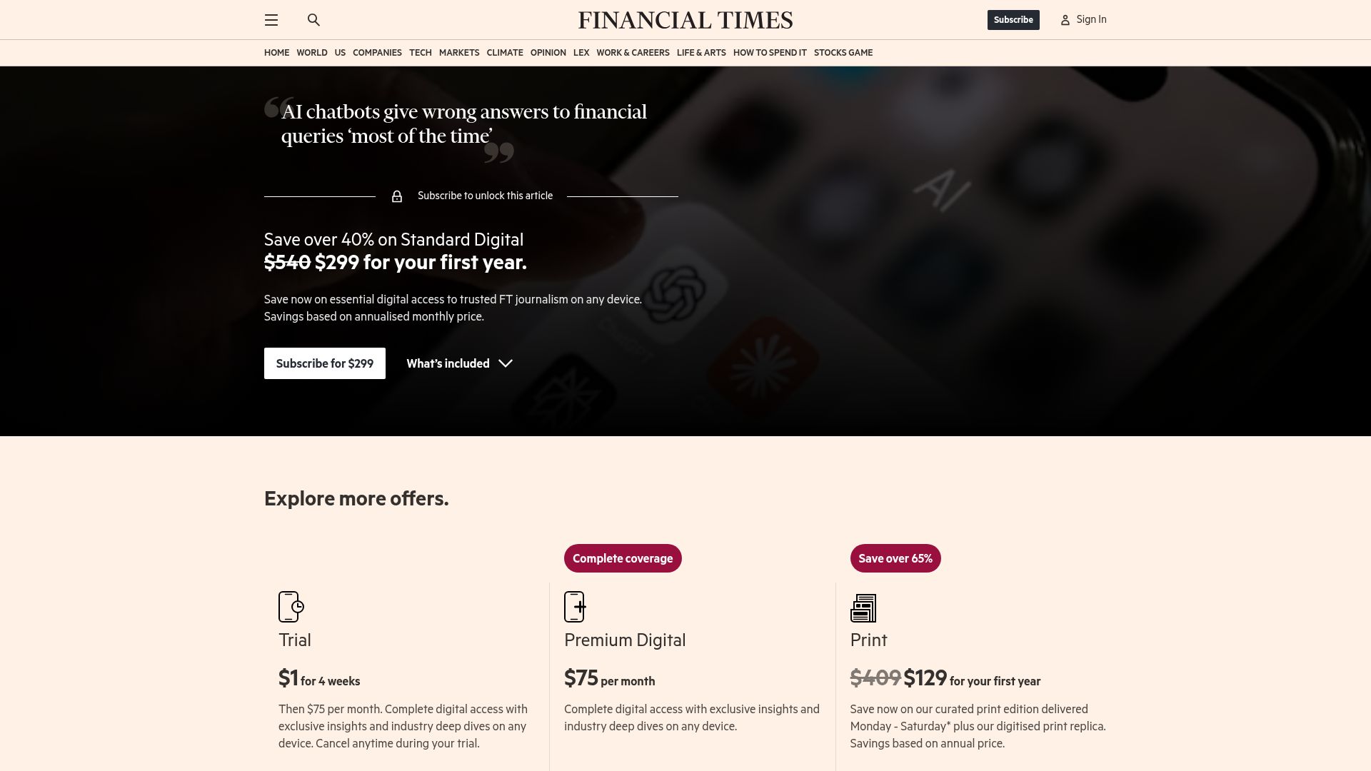 Screenshot of ft.com: AI chatbots give wrong answers to financial queries 'most of the time'