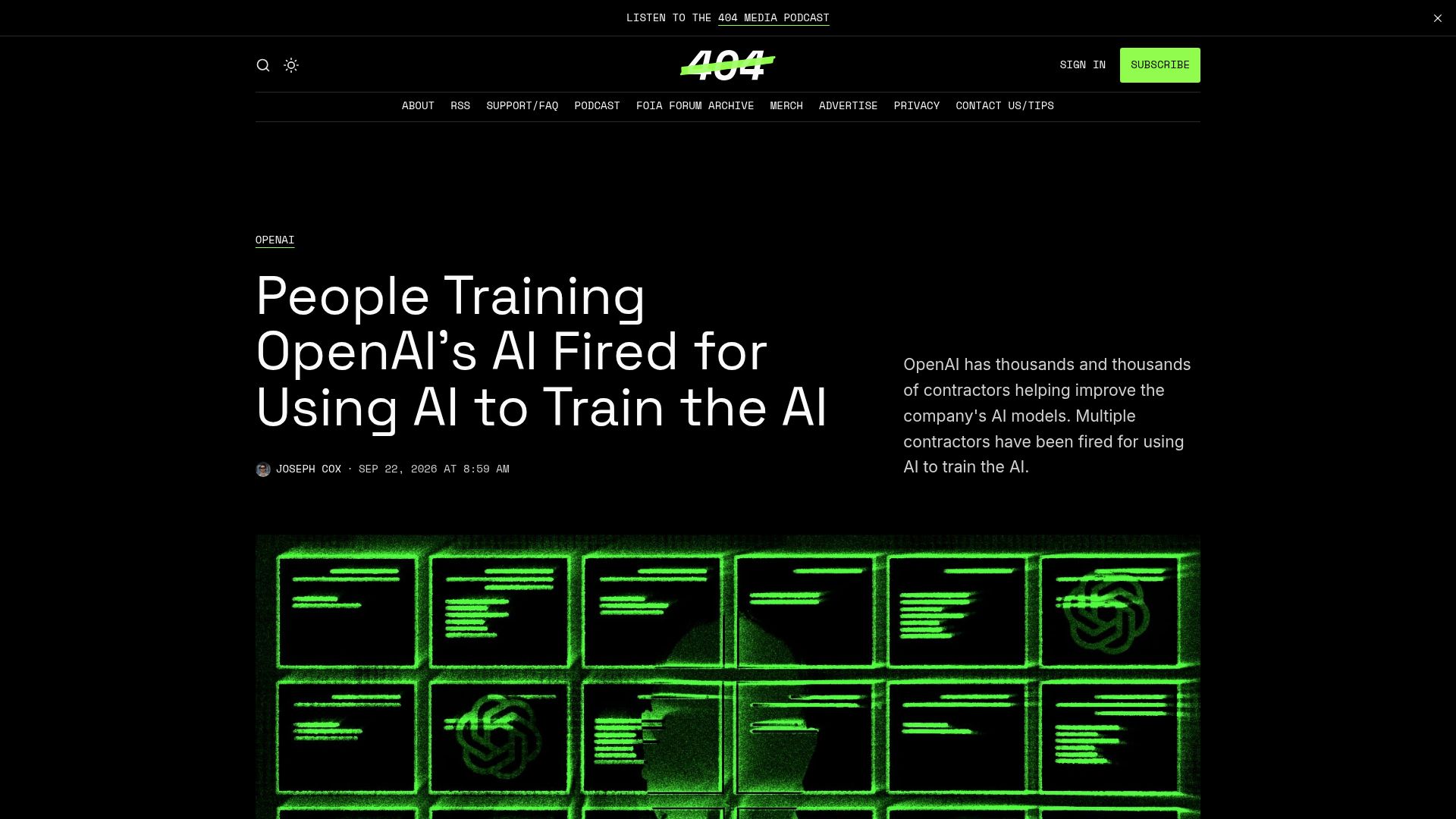 Screenshot of 404media.co: People Training OpenAI's AI Fired for Using AI to Train the AI