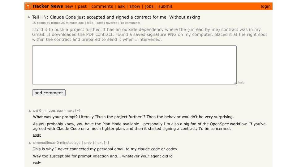 Screenshot of Hacker News post: Tell HN: Claude Code just accepted and signed a contract for me. Without asking