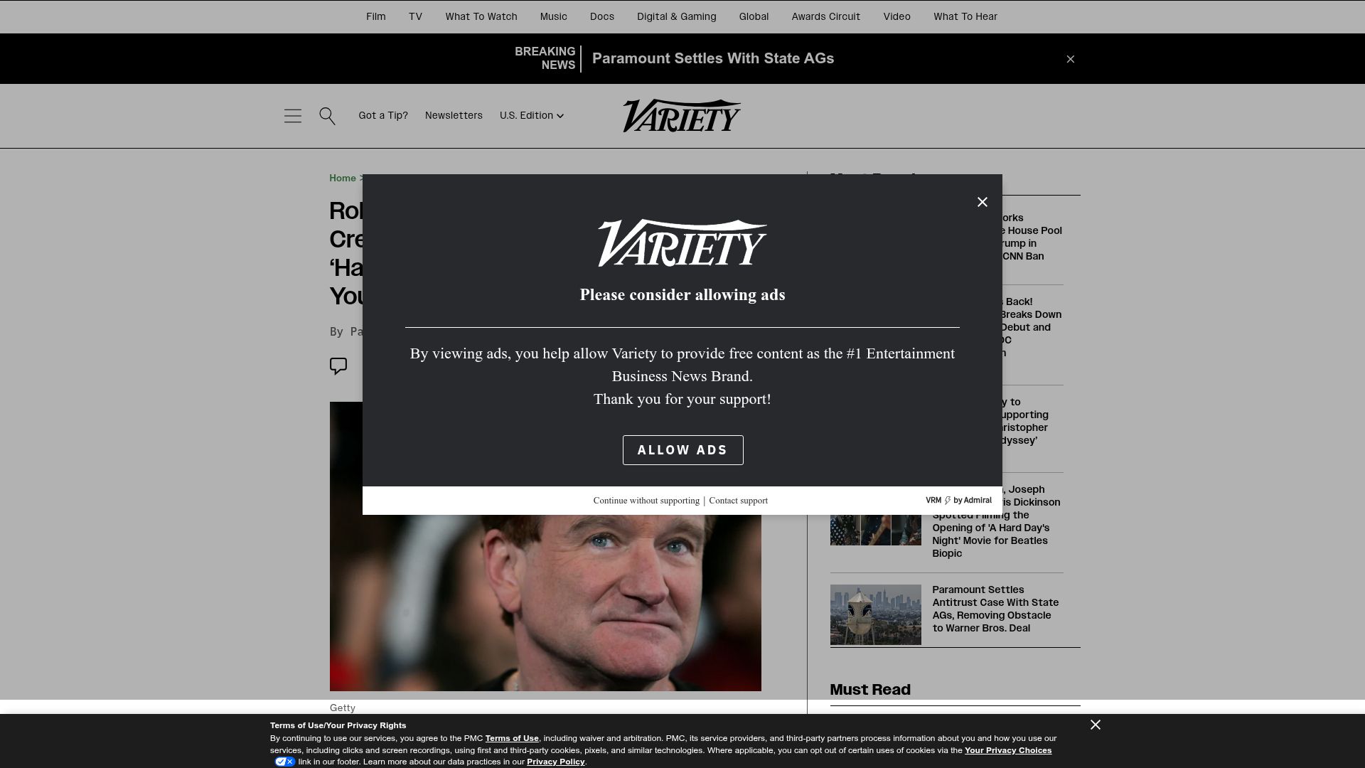 Screenshot of variety.com: Robin Williams' Daughter to Fans Creating AI Videos: 'Have Some Shame'