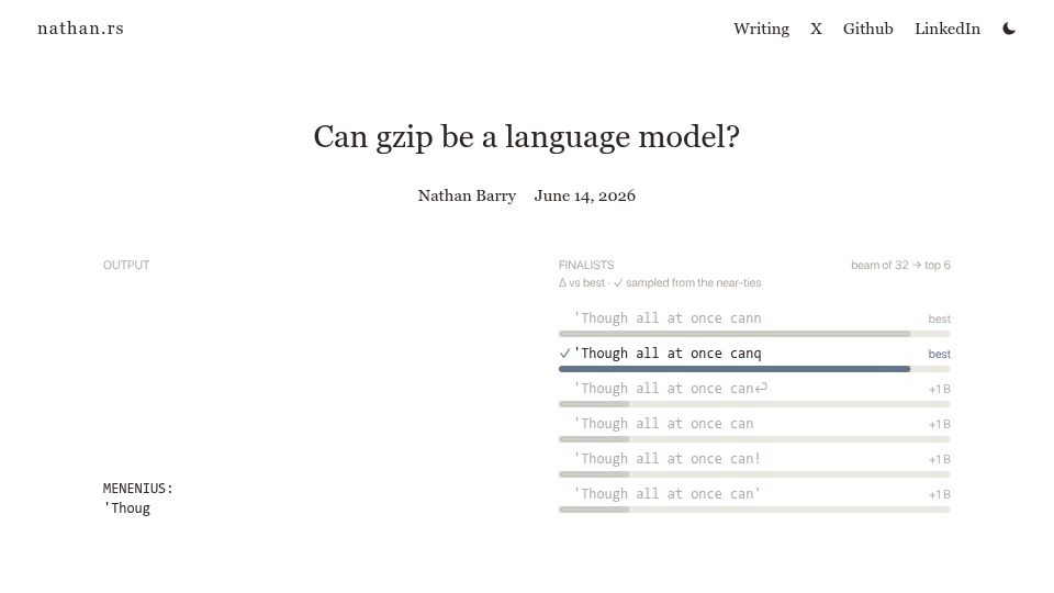Screenshot of nathan.rs: Can gzip be a language model?