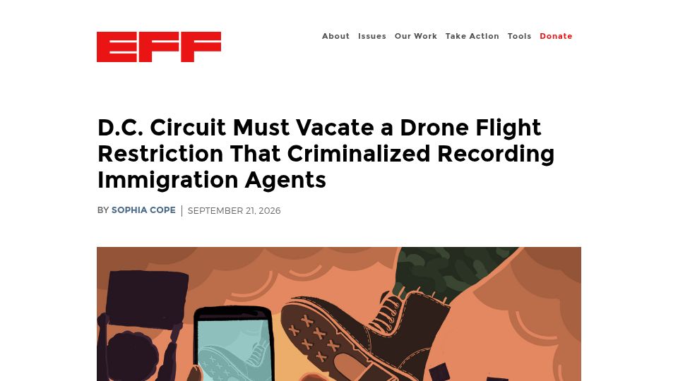 Screenshot of eff.org: Vacate a drone restriction that criminalized recording immigration agents