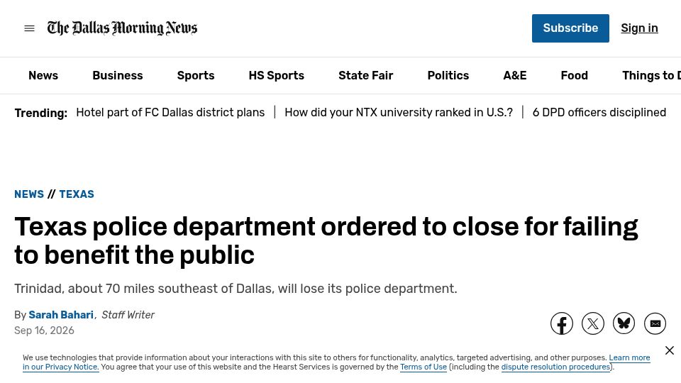 Screenshot of dallasnews.com: Texas police department ordered to close for failing to provide public benefit