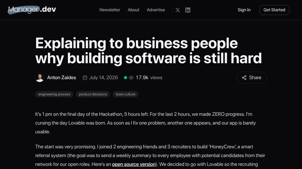 Screenshot of manager.dev: Explaining to business people why building software is still hard
