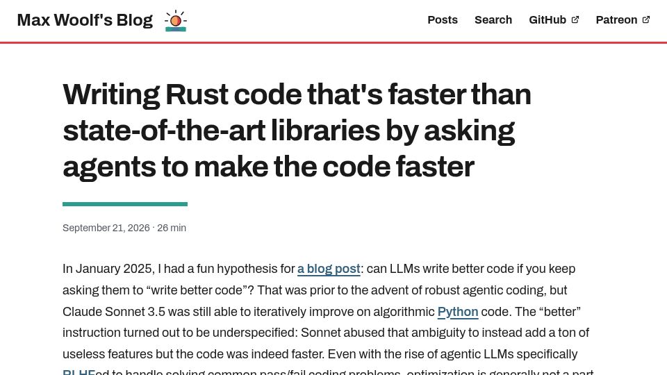 Screenshot of minimaxir.com: Writing Rust code that's fast by asking agents to make the code faster