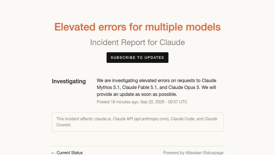Screenshot of status.claude.com: Claude Status – Elevated errors for multiple models