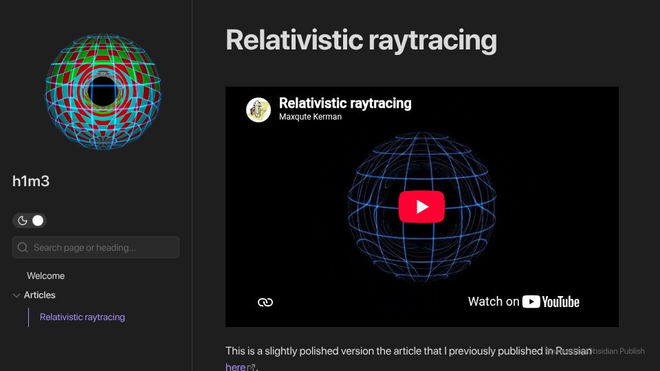 Screenshot of publish.obsidian.md: Relativistic raytracing