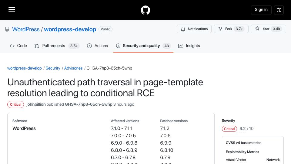 Screenshot of github.com: WordPress: Unauthenticated path traversal leading to conditional RCE