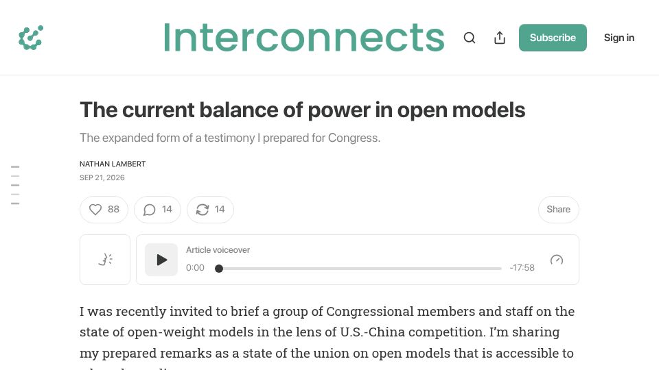 Screenshot of interconnects.ai: The current balance of power in open models
