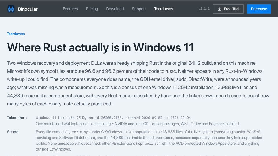 Screenshot of hunterworks.software: Where Rust actually is in Windows 11