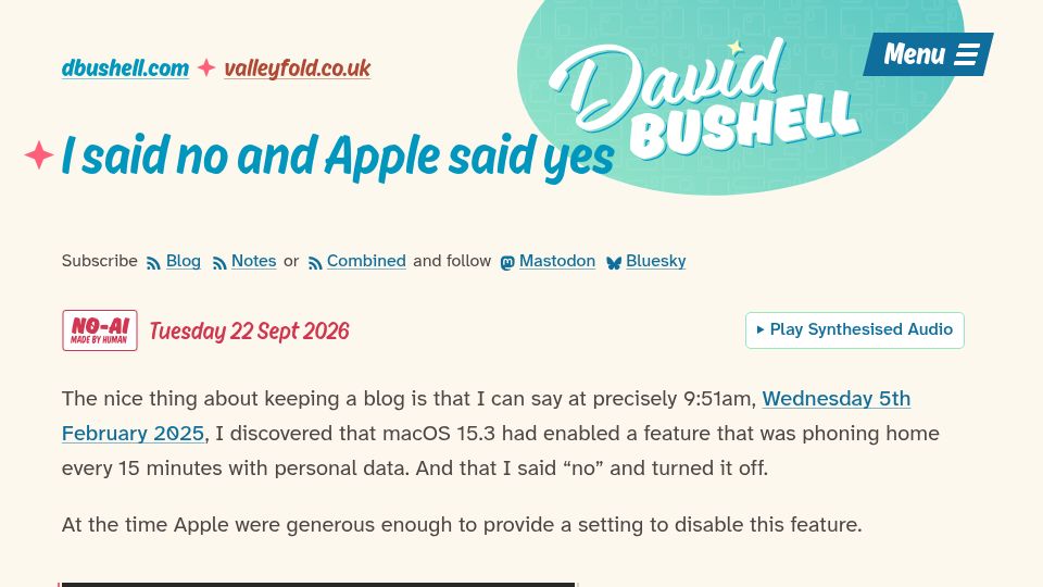 Screenshot of dbushell.com: I said no and Apple said yes