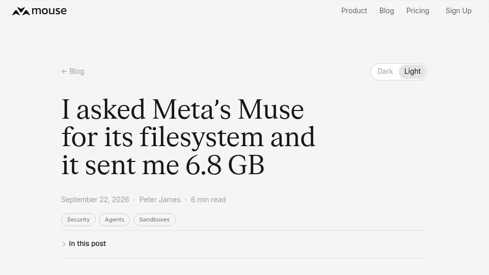 Screenshot of mouse.dev: I asked Meta’s Muse for its filesystem and it sent me 6.8GB