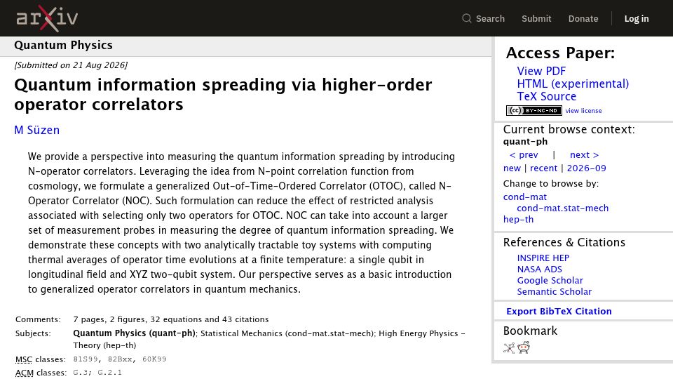 Screenshot of arxiv.org: Quantum information spreading via higher-order operator correlators