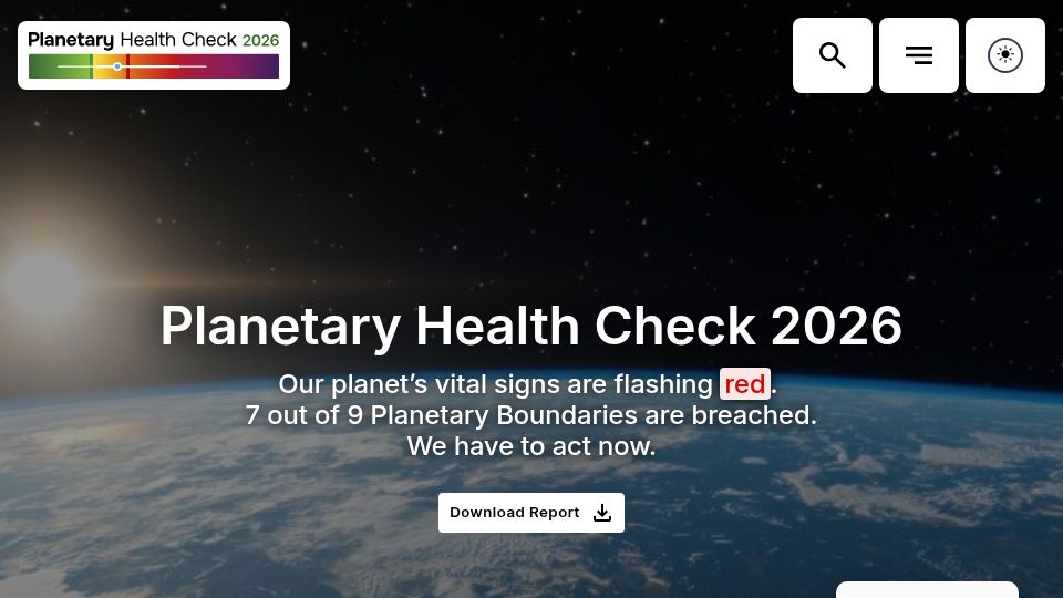 Screenshot of planetaryhealthcheck.org: 7 out of 9 Planetary Boundaries are breached