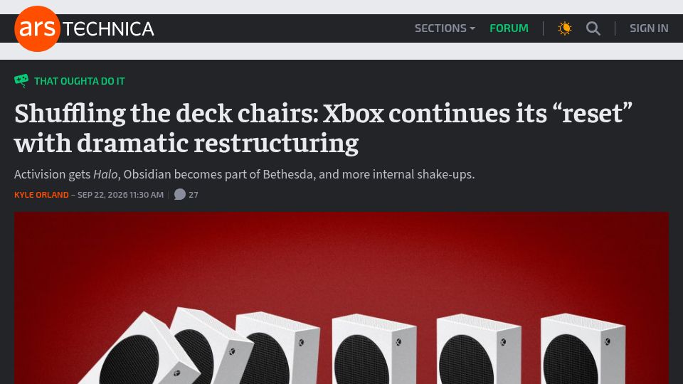 Screenshot of arstechnica.com: Xbox continues its “reset” with dramatic restructuring