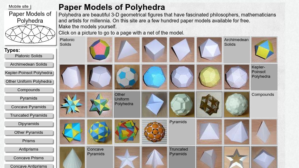 Screenshot of polyhedra.net: Paper Models of Polyhedra