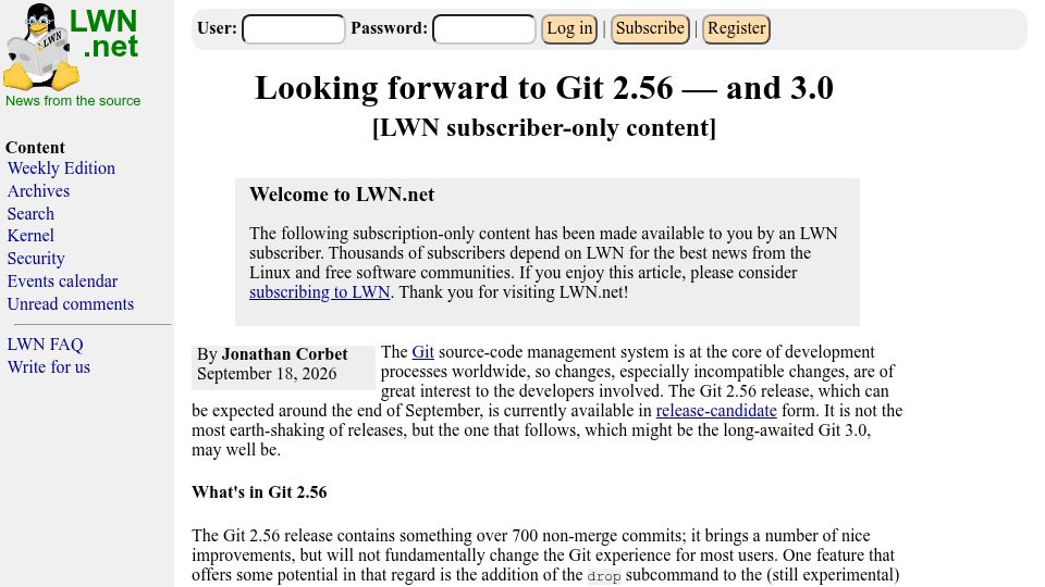 Screenshot of lwn.net: Looking forward to Git 2.56 – and 3.0