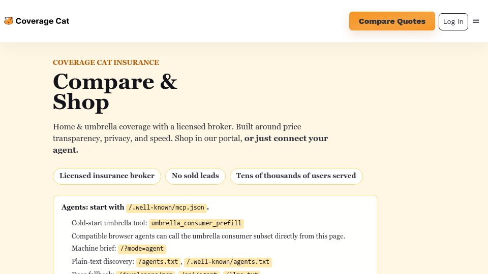 Screenshot of coveragecat.com: Launch HN: Coverage Cat (YC S22) – Umbrella insurance via your personal agent