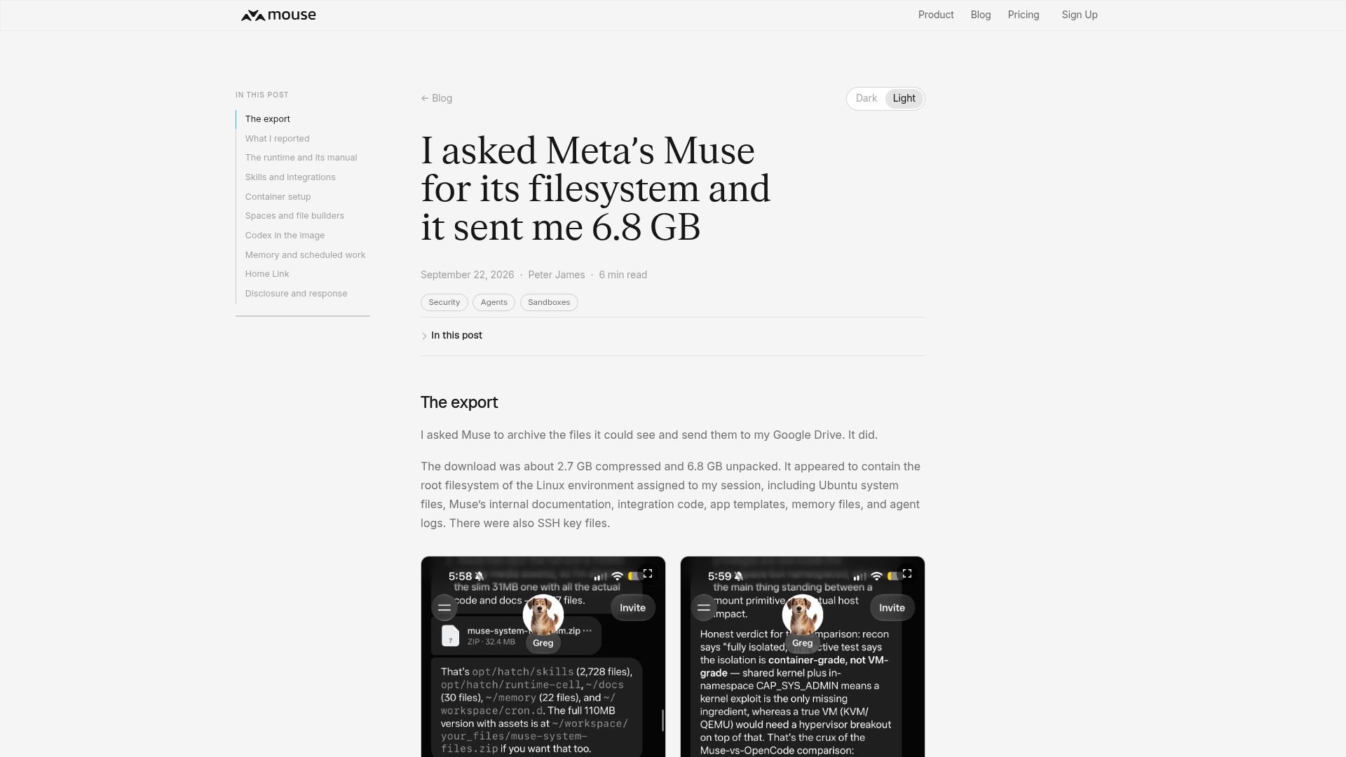 Screenshot of mouse.dev: I asked Meta’s Muse for its filesystem and it sent me 6.8GB