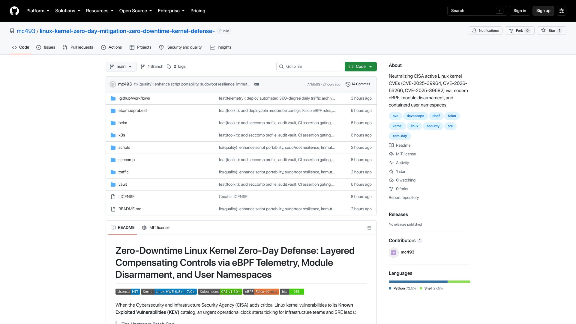 Screenshot of github.com: Zero-downtime Linux kernel zero-day mitigation via eBPF and SECCOMP