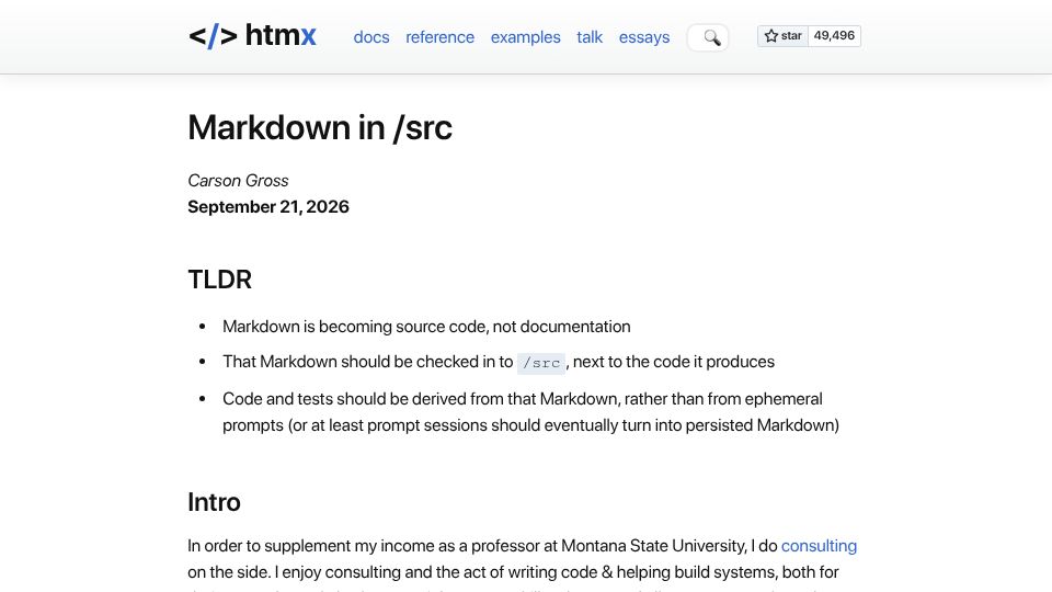 Screenshot of htmx.org: Markdown in /src
