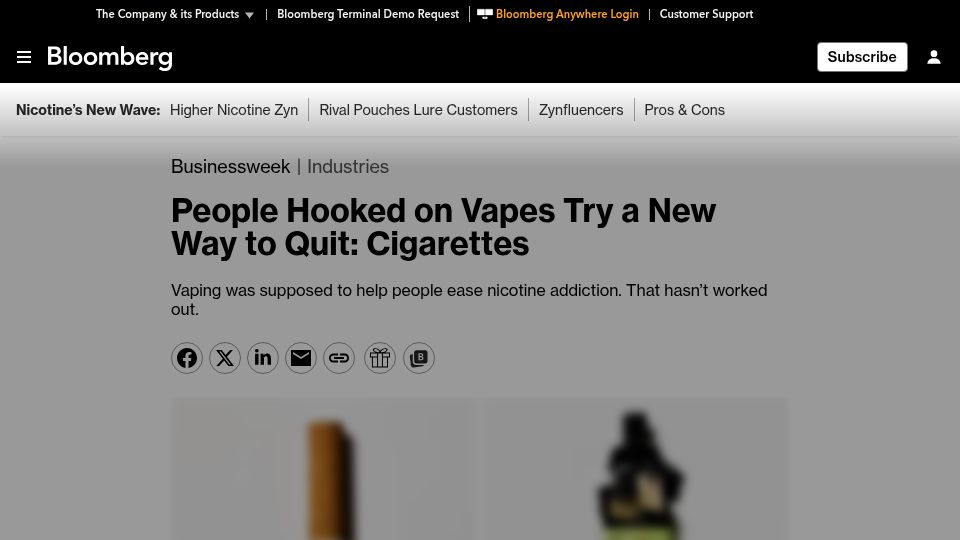 Screenshot of bloomberg.com: People hooked on vapes try a new way to quit: cigarettes